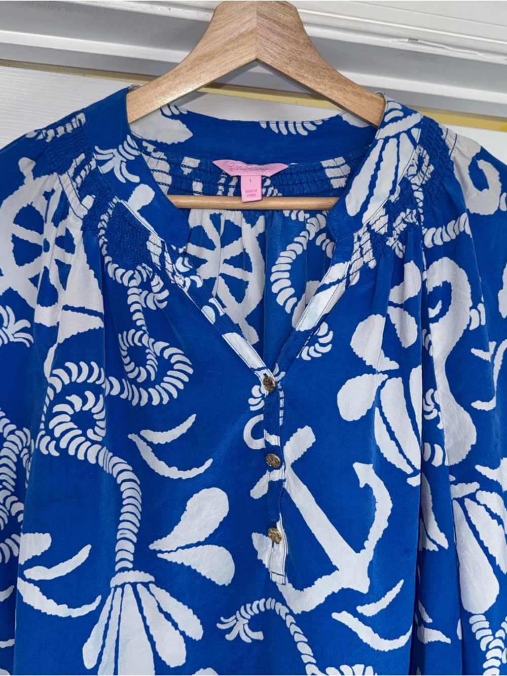 Lilly Pulitzer Elsa Silk Blue White Nautical Print Top Blouse L - Picture 3 of 6